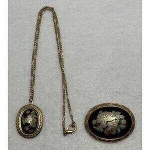 Vintage Floral Black Pendant Necklace With Matching Brooch